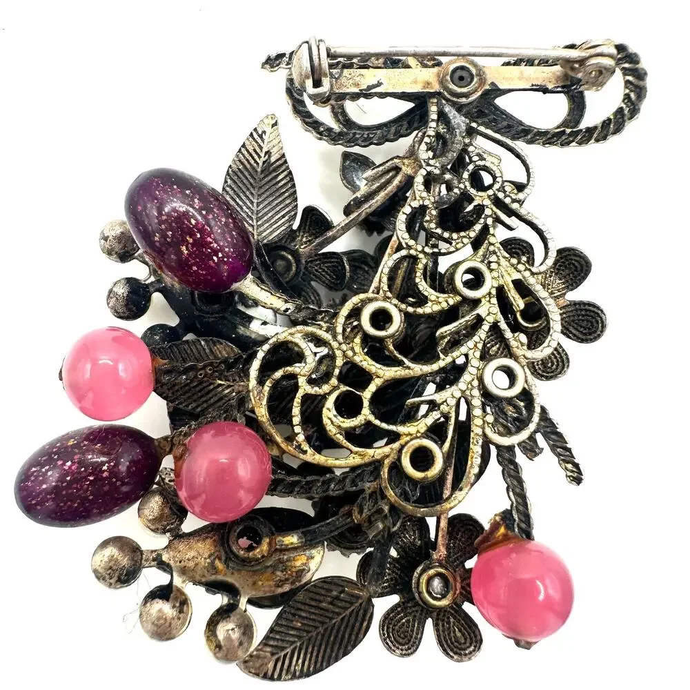 Vintage gold tone pink green AB rhinestones art glass faux pearls brooch